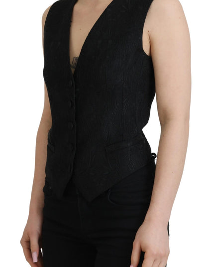 Dolce & Gabbana Black Brocade Button Down Sleeveless Vest Top