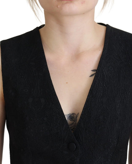 Dolce & Gabbana Black Brocade Button Down Sleeveless Vest Top