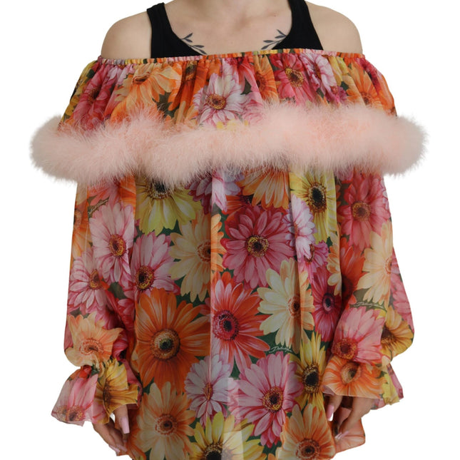 Dolce & Gabbana Multicolor Floral Fur Shearling Blouse Top