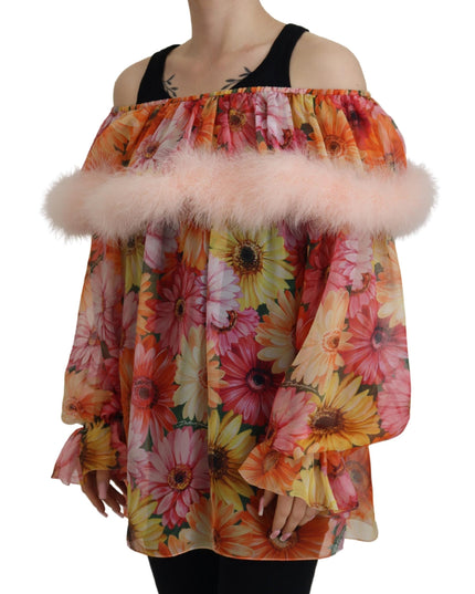 Dolce & Gabbana Multicolor Floral Fur Shearling Blouse Top