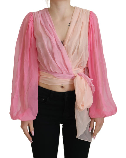 Dolce & Gabbana Pink Silk Wrap Long Sleeves Blouse Top