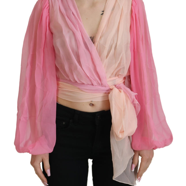 Dolce & Gabbana Pink Silk Wrap Long Sleeves Blouse Top