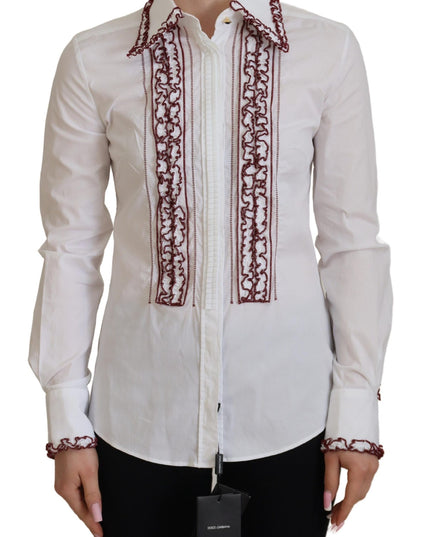 Dolce & Gabbana White Lace Long Sleeves Ruffle Collar Top