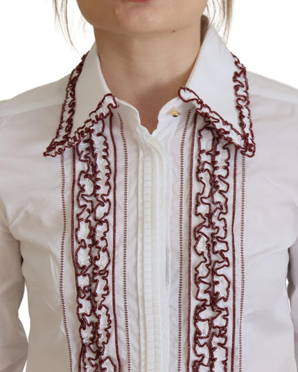 Dolce & Gabbana White Lace Long Sleeves Ruffle Collar Top