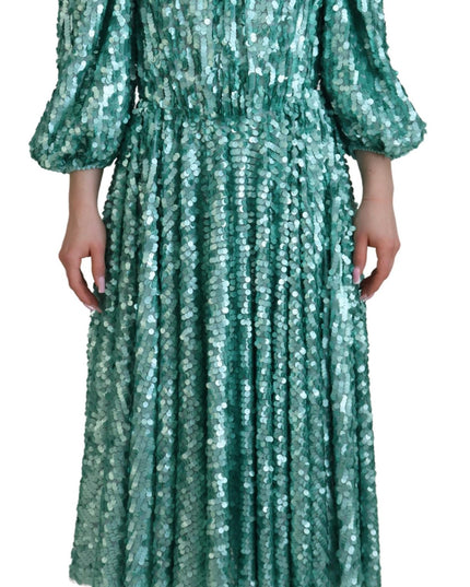 Dolce & Gabbana Blue Sequined Pleated Aline Midi Nylon Dress