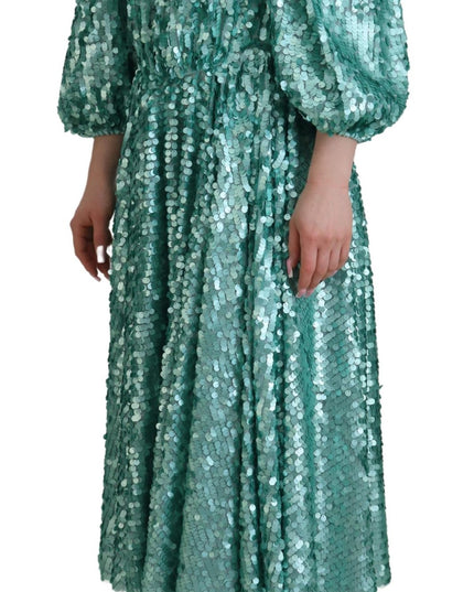 Dolce & Gabbana Blue Sequined Pleated Aline Midi Nylon Dress