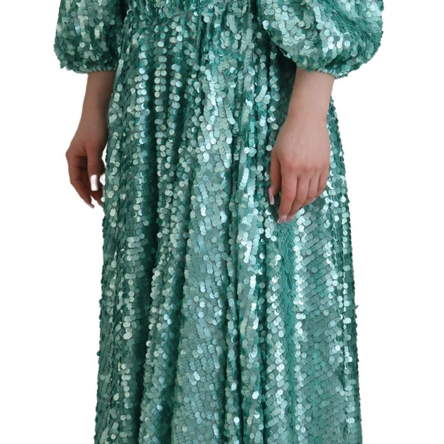 Dolce & Gabbana Blue Sequined Pleated Aline Midi Nylon Dress