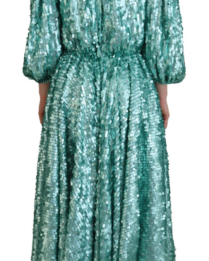 Dolce & Gabbana Blue Sequined Pleated Aline Midi Nylon Dress