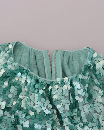 Dolce & Gabbana Blue Sequined Pleated Aline Midi Nylon Dress