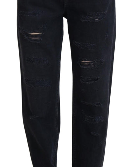Dolce & Gabbana Black Cotton Tattered High Waist Denim Jeans