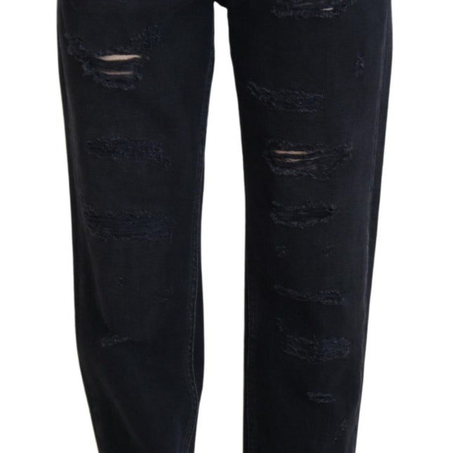 Dolce & Gabbana Black Cotton Tattered High Waist Denim Jeans