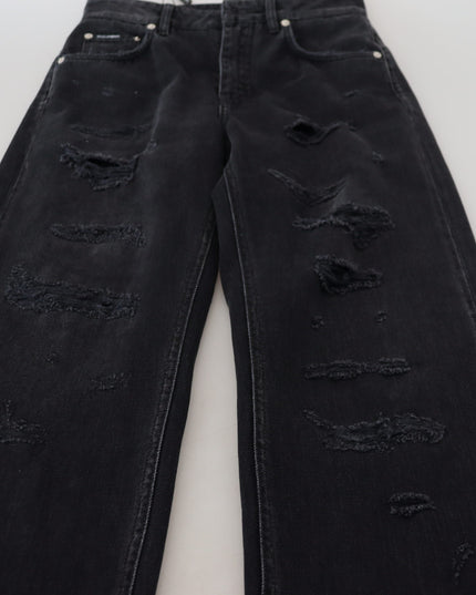 Dolce & Gabbana Black Cotton Tattered High Waist Denim Jeans