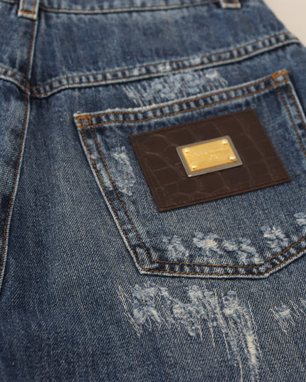 Dolce & Gabbana Blue Washed Cotton Tattered Denim Jeans