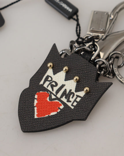 Dolce & Gabbana Black Prince Studs Logo Silver Brass Keychain