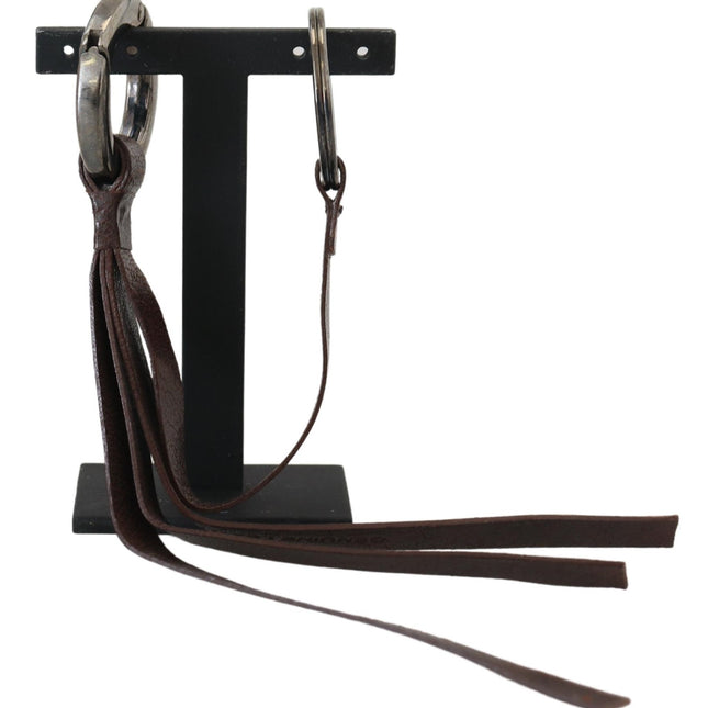 Costume National Brown Leather Silver Tone Metal Keyring Keychain