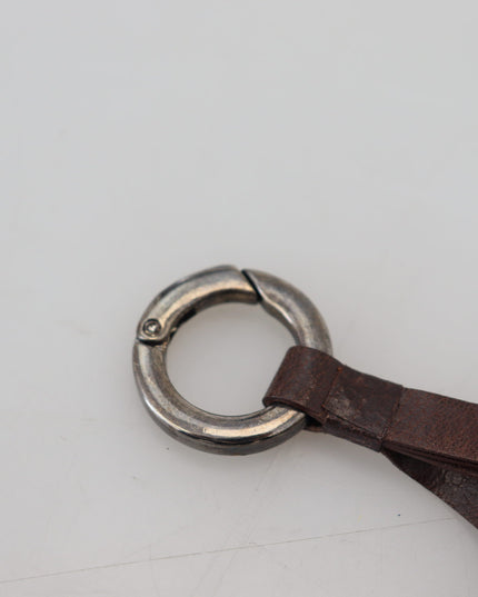 Costume National Brown Leather Silver Tone Metal Keyring Keychain