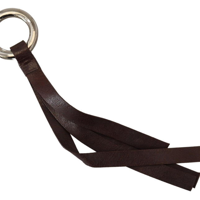 Costume National Brown Leather Silver Tone Metal Keyring Keychain