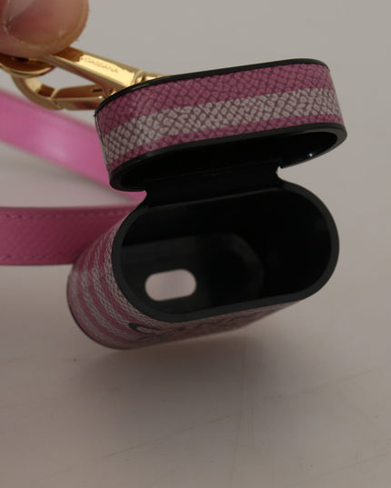 Dolce & Gabbana Pink Black Leather Strap Gold Metal Logo Airpods Case