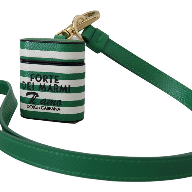 Dolce & Gabbana Green Leather Strap Gold Metal Logo Airpods Case