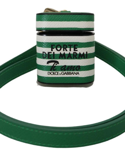 Dolce & Gabbana Green Leather Strap Gold Metal Logo Airpods Case