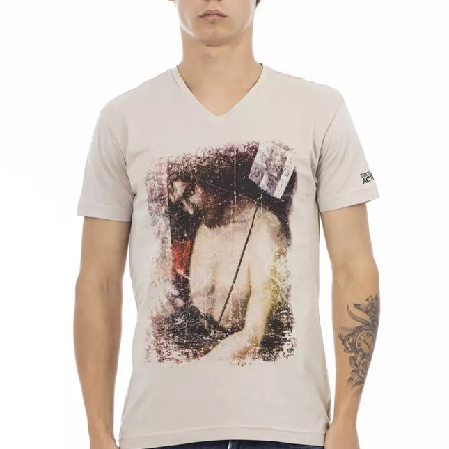 Trussardi Action Beige Cotton Men V-neck T-shirt