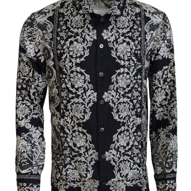 Dolce & Gabbana Blue Silk Floral Baroque Satin Casual Shirt