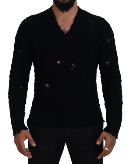 Dolce & Gabbana Black Wool V-neck Knitted Pullover Sweater