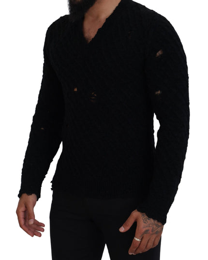 Dolce & Gabbana Black Wool V-neck Knitted Pullover Sweater