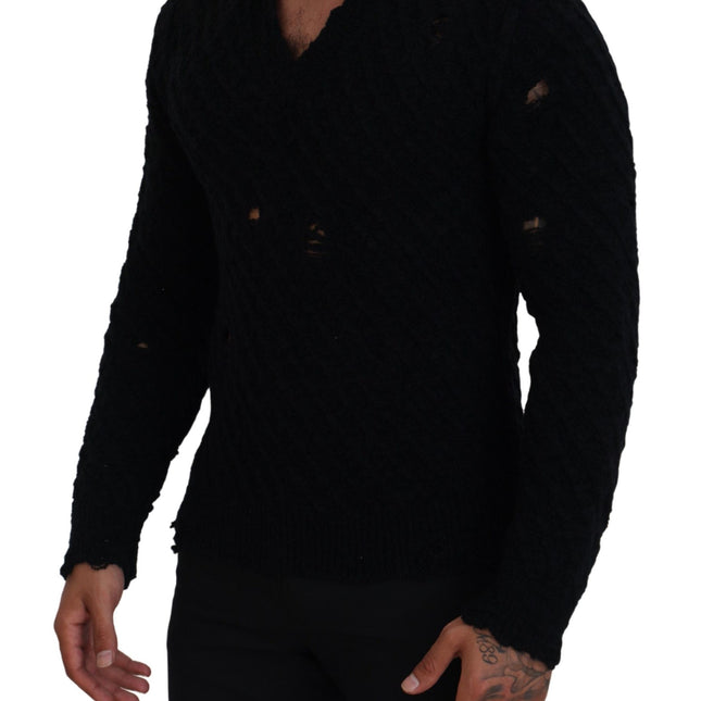 Dolce & Gabbana Black Wool V-neck Knitted Pullover Sweater