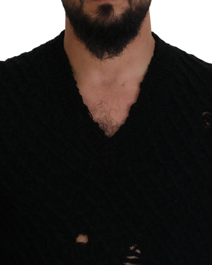 Dolce & Gabbana Black Wool V-neck Knitted Pullover Sweater
