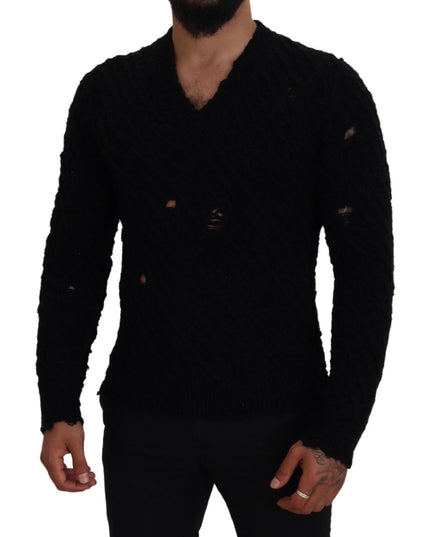 Dolce & Gabbana Black Wool V-neck Knitted Pullover Sweater