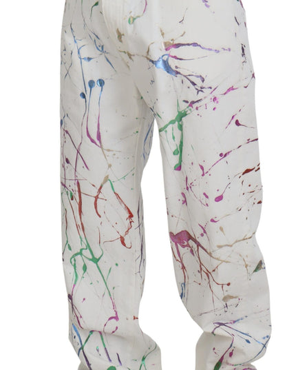 Dolce & Gabbana White Cotton Color Splash Print Denim Pants