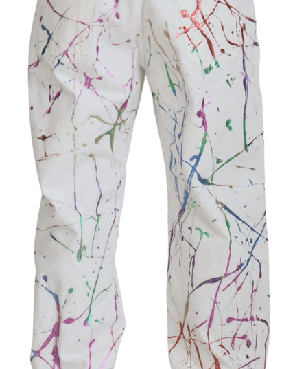 Dolce & Gabbana White Cotton Color Splash Print Denim Pants