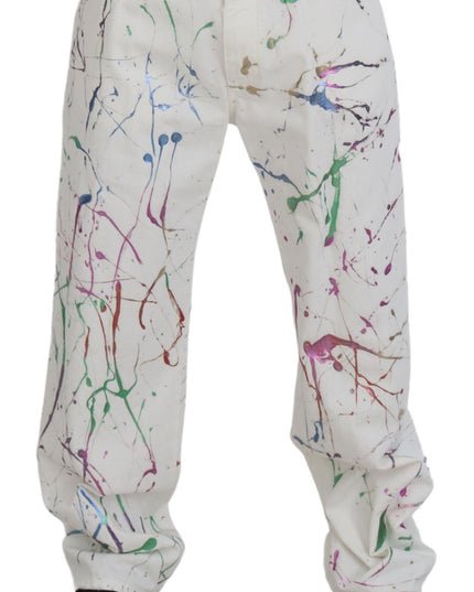 Dolce & Gabbana White Cotton Color Splash Print Denim Pants