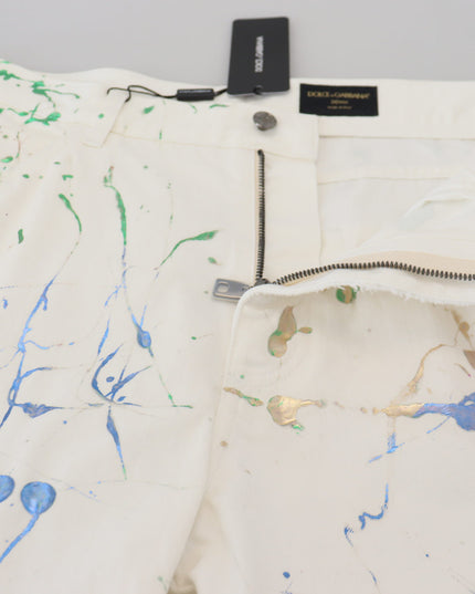 Dolce & Gabbana White Cotton Color Splash Print Denim Pants