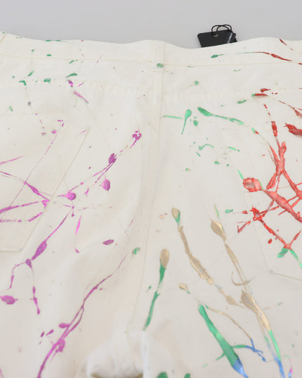 Dolce & Gabbana White Cotton Color Splash Print Denim Pants