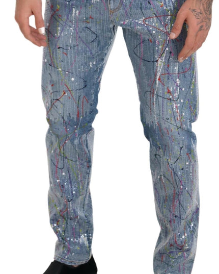 Dolce & Gabbana Blue Cotton Color Splash Print Denim Jeans