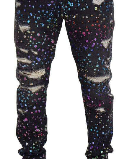 Dolce & Gabbana Black Multicolor Print Tattered Denim Jeans