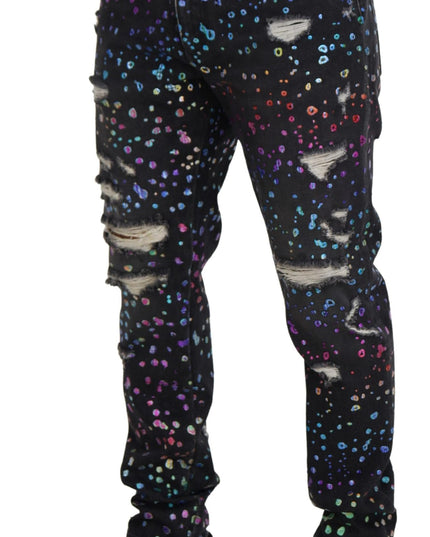 Dolce & Gabbana Black Multicolor Print Tattered Denim Jeans