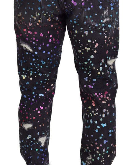Dolce & Gabbana Black Multicolor Print Tattered Denim Jeans