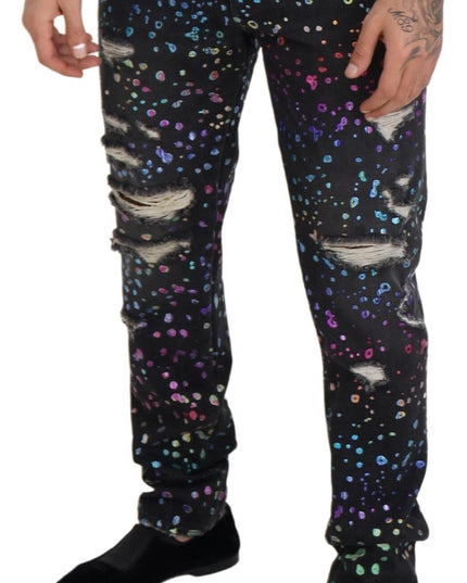 Dolce & Gabbana Black Multicolor Print Tattered Denim Jeans