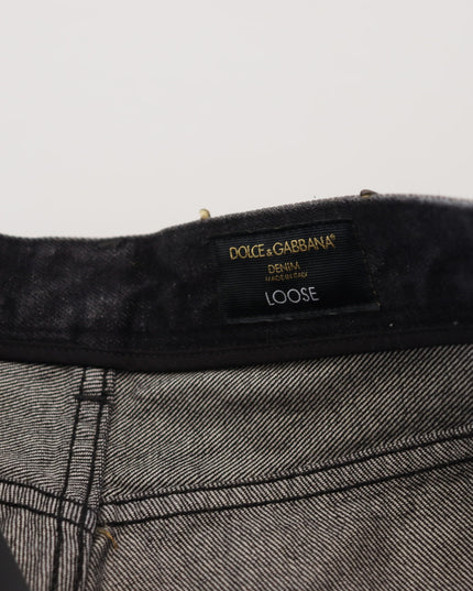 Dolce & Gabbana Black Multicolor Print Tattered Denim Jeans