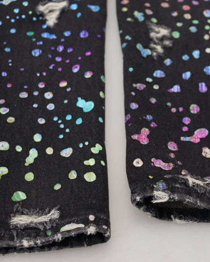 Dolce & Gabbana Black Multicolor Print Tattered Denim Jeans