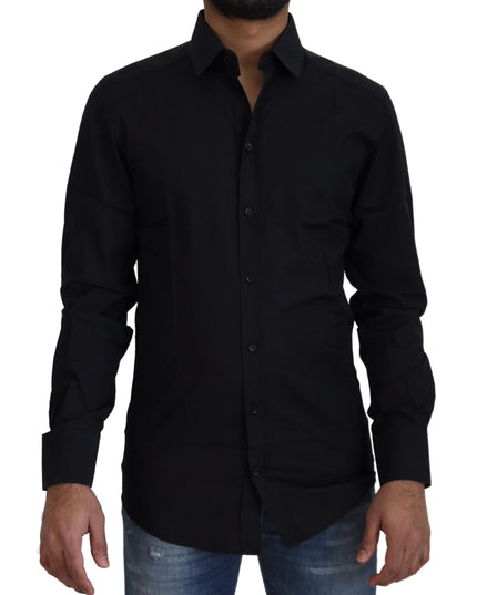 Dolce & Gabbana Black Cotton Slim Fit Formal Dress GOLD Shirt
