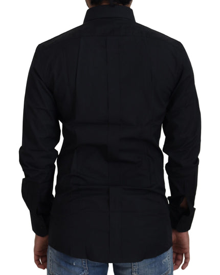 Dolce & Gabbana Black Cotton Slim Fit Formal Dress GOLD Shirt