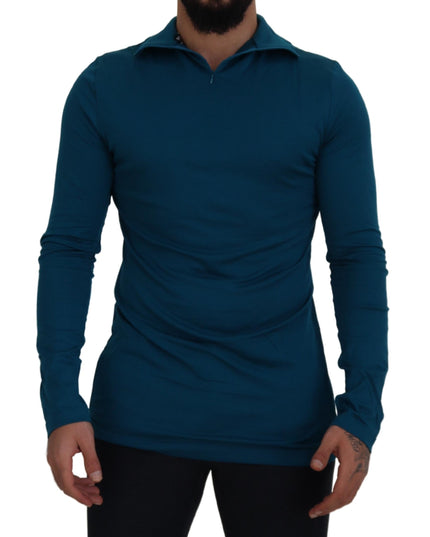 Dolce & Gabbana Blue Cotton Collared Slim Pullover Sweater