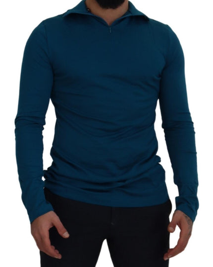 Dolce & Gabbana Blue Cotton Collared Slim Pullover Sweater
