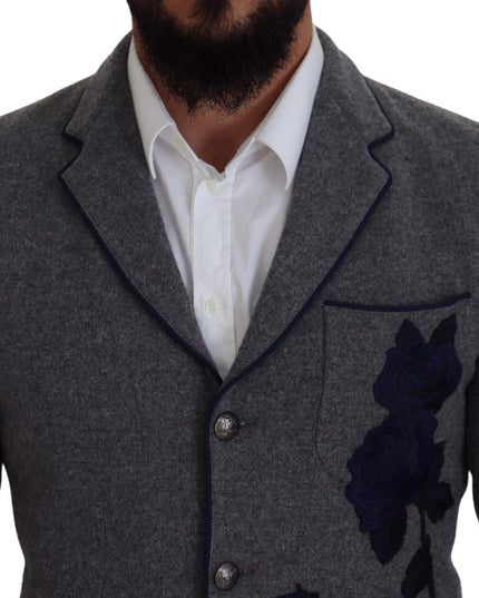 Dolce & Gabbana Gray Wool Roses Slim Fit Jacket Blazer
