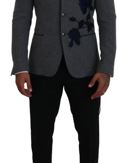 Dolce & Gabbana Gray Wool Roses Slim Fit Jacket Blazer