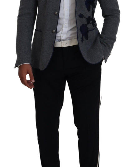 Dolce & Gabbana Gray Wool Roses Slim Fit Jacket Blazer